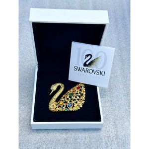 Swarovski Goldtone Multi Color Crystal Large Swan Brooch Pin 100 Year in Box